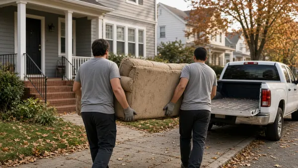 Two helpers carrying an old couch down a front walk to a pickup truck