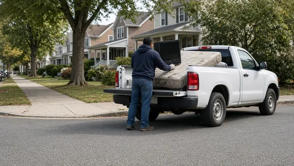 Helper loading an old mattress and TV into a pickup truck at the curb