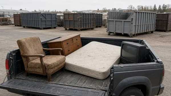 Pickup truck bed with an old TV, mattress, armchair and dresser at a recycling drop-off yard