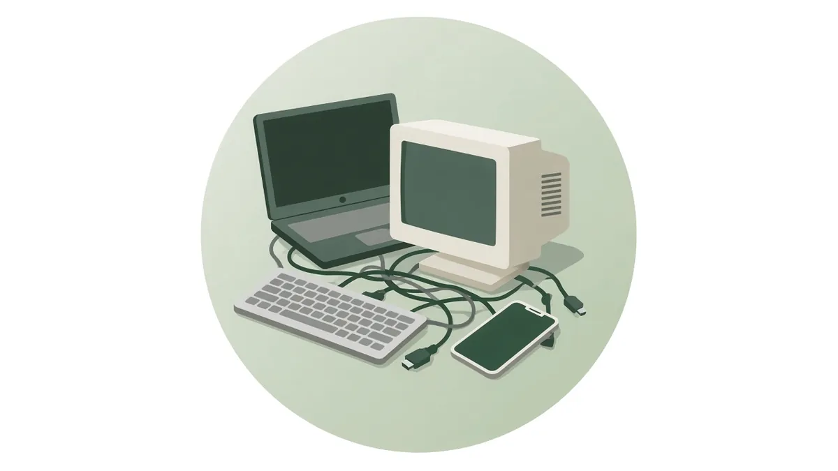 Illustration of old electronics: a laptop, a computer monitor, a keyboard, a phone and cables
