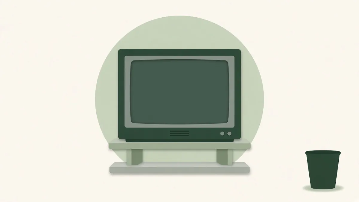 Illustration of an old television on a stand next to a trash bin
