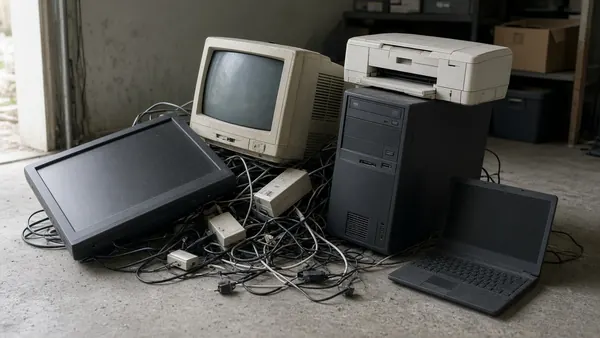Pile of old electronics: a tube TV, flat-screen monitor, computer tower, printer, laptop and cables