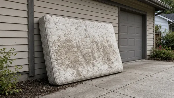 Old stained mattress leaning against a garage wall by a driveway