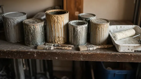 Old half-used paint cans with dried drips, brushes and a roller tray on a garage shelf